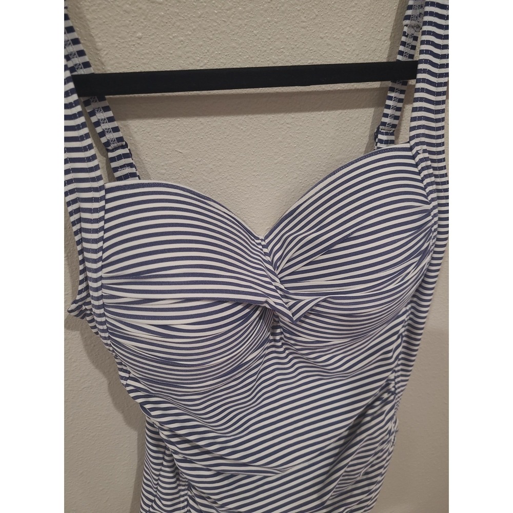 Bond Eye Joanne Blue White stripe ruched twist front Swimsuit Women SZ 8 coastal - Picture 2 of 11